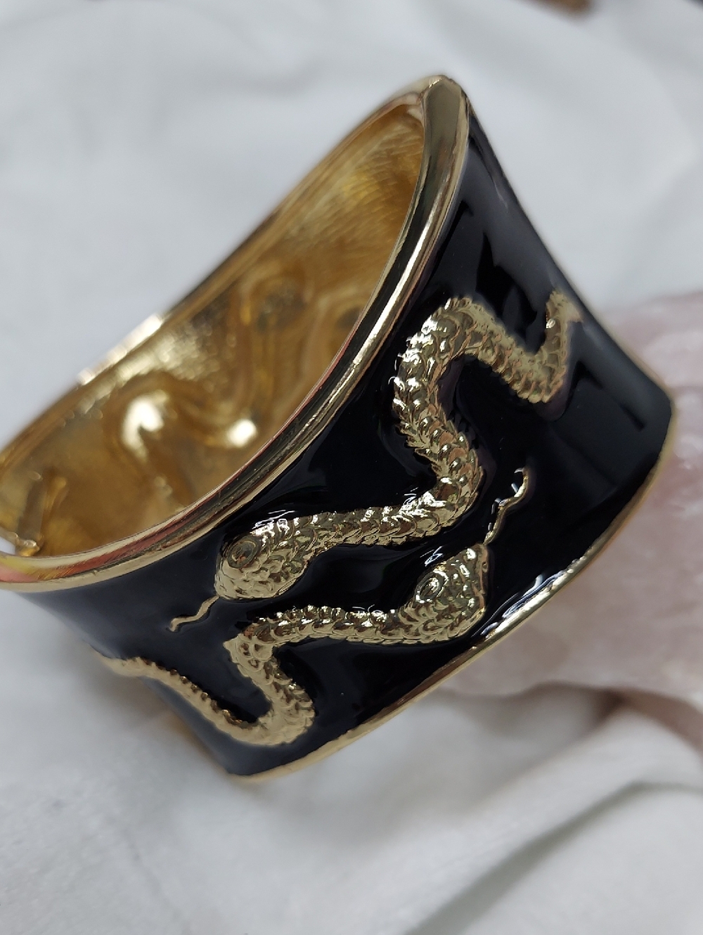 Gold Snake Cuff Bracelet with Black Enamel